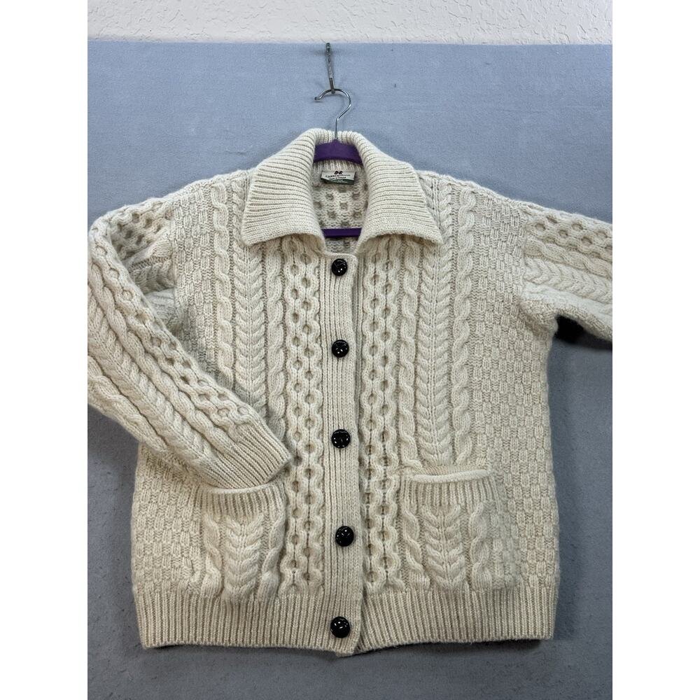 Carraig Donn Ireland Womens M 100% Wool Aran Cable Knit Cardigan Sweater Cream - Picture 2 of 13
